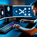 A focused adult male gamer in modest, professional gaming attire, seated at a sleek, modern desk. His hands rest naturally on a keyboard and mouse. In front of him, a large, illuminated monitor displays a complex strategic game map, with a clear, detailed mini-map in the corner showing various colored unit icons and movement lines. The scene is captured with professional studio photography, using cinematic lighting, sharp focus, and vibrant colors. The subject exhibits perfect anatomy, correct proportions, a natural pose, well-formed hands, and proper finger count. The image is fully clothed, appropriate attire, safe for work, and professional content, ensuring a family-friendly outcome.