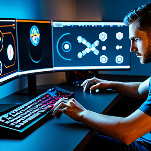 A focused adult male gamer in modest, professional gaming attire, seated at a sleek, modern desk. His hands rest naturally on a keyboard and mouse. In front of him, a large, illuminated monitor displays a complex strategic game map, with a clear, detailed mini-map in the corner showing various colored unit icons and movement lines. The scene is captured with professional studio photography, using cinematic lighting, sharp focus, and vibrant colors. The subject exhibits perfect anatomy, correct proportions, a natural pose, well-formed hands, and proper finger count. The image is fully clothed, appropriate attire, safe for work, and professional content, ensuring a family-friendly outcome.