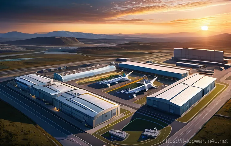 top war 전략적 플레이 가이드 - A vibrant, futuristic military base at dusk, seen from an aerial perspective. The base is meticulous...