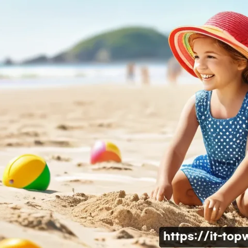 top war 배틀 게임 공략법 - **Prompt:** A young girl (approx. age 7) wearing a cute, patterned dress and a sun hat, building a s...