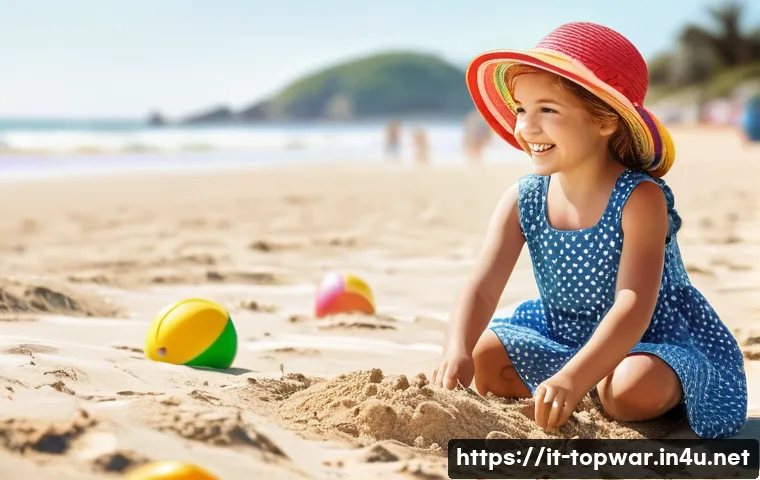 top war 배틀 게임 공략법 - **Prompt:** A young girl (approx. age 7) wearing a cute, patterned dress and a sun hat, building a s...