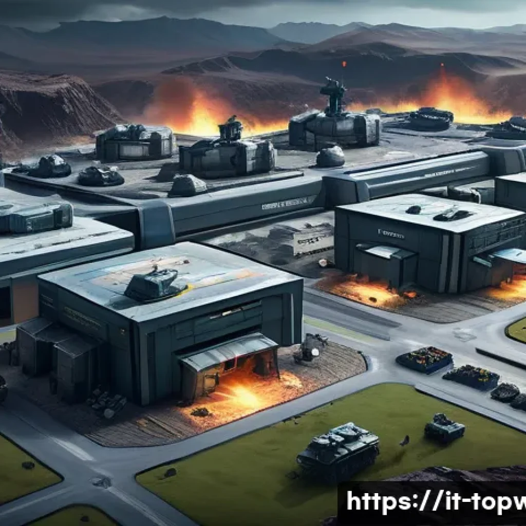 top war 자주 묻는 질문 가이드 - A futuristic military base in a war strategy game setting, showcasing advanced resource production b...