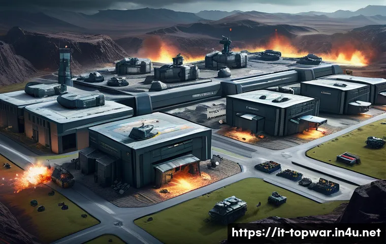 top war 자주 묻는 질문 가이드 - A futuristic military base in a war strategy game setting, showcasing advanced resource production b...