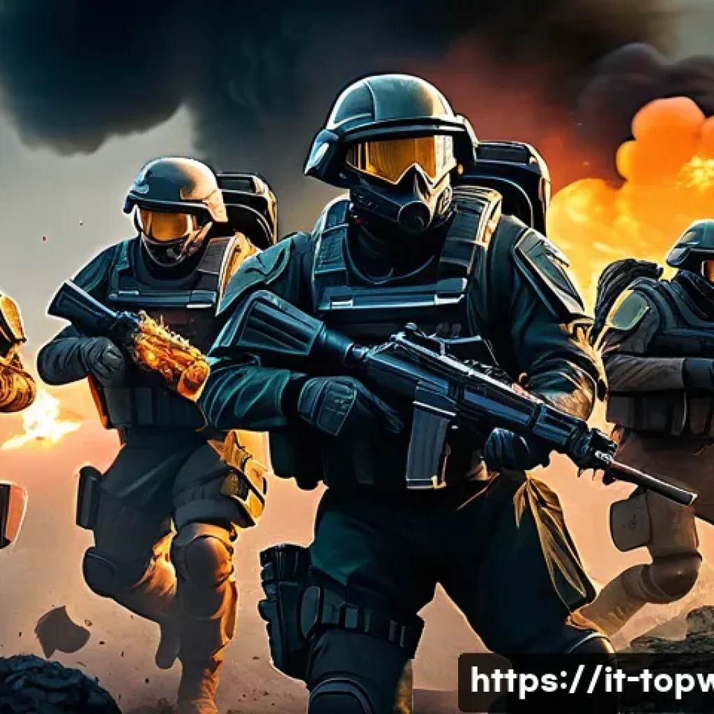 top war 힐링 아이템 활용 - A dynamic battlefield scene showing a group of diverse soldiers in mid-combat, wearing detailed armo...
