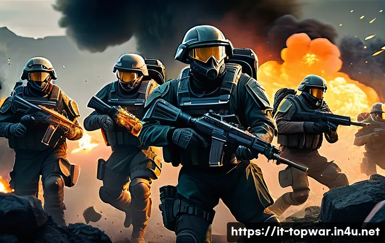 top war 힐링 아이템 활용 - A dynamic battlefield scene showing a group of diverse soldiers in mid-combat, wearing detailed armo...