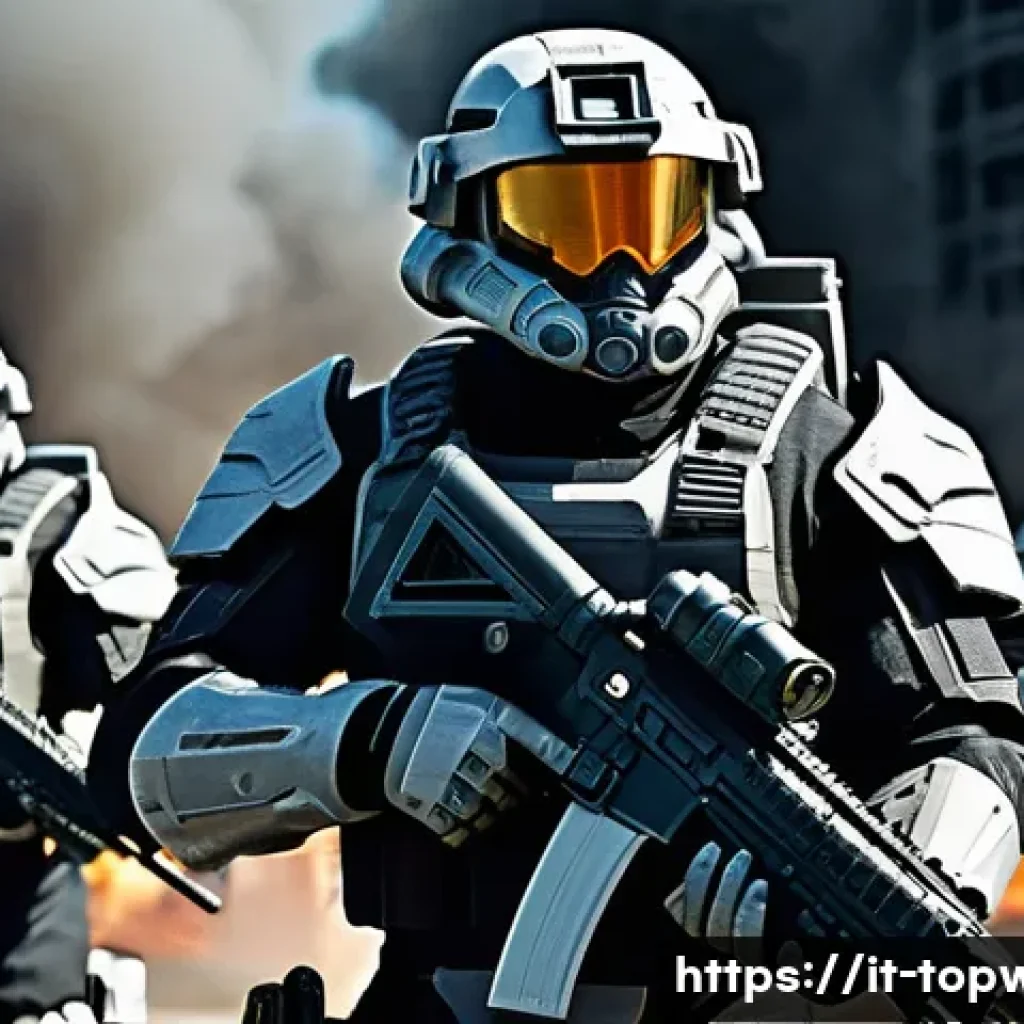 top war 고급 유닛 잠금 해제 - A dynamic battlefield scene showcasing an elite mechanized assault unit in sleek, futuristic armor w...