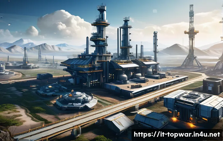 top war 초보자 가이드 - A futuristic military base in a strategic game setting, showing balanced resource collection structu...