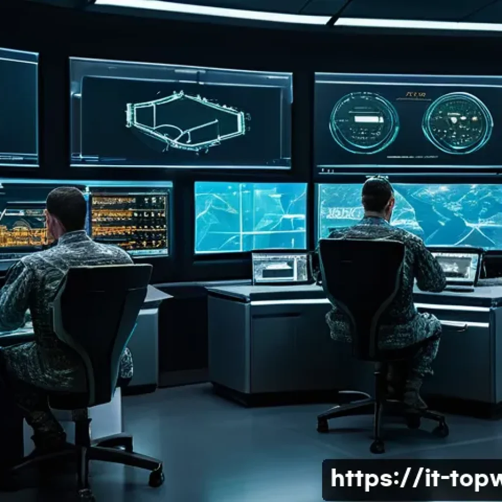 top war 연구소 업그레이드 - A futuristic military laboratory interior bustling with activity, advanced technology panels display...