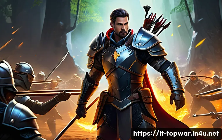 top war 영웅 능력치 비교 - A dynamic battle scene in a fantasy strategy game setting featuring a diverse team of heroes: a swif...