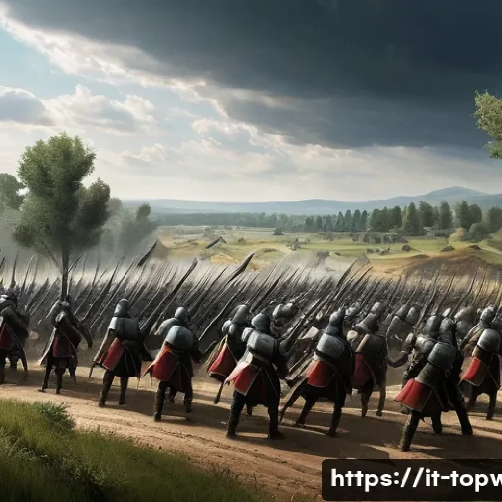 top war 전투 기술 - A detailed battlefield scene depicting a well-balanced army formation during an intense medieval bat...