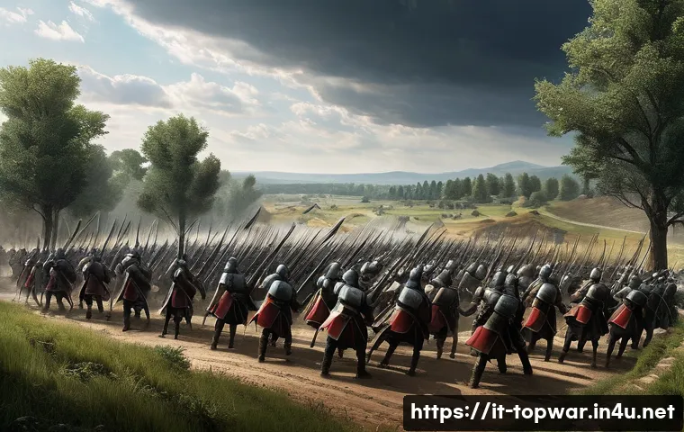 top war 전투 기술 - A detailed battlefield scene depicting a well-balanced army formation during an intense medieval bat...