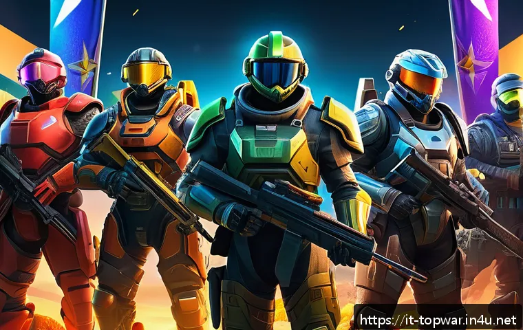 top war 스킨 획득 방법 - A detailed digital illustration of a strategic gaming scene featuring a diverse team of players acti...