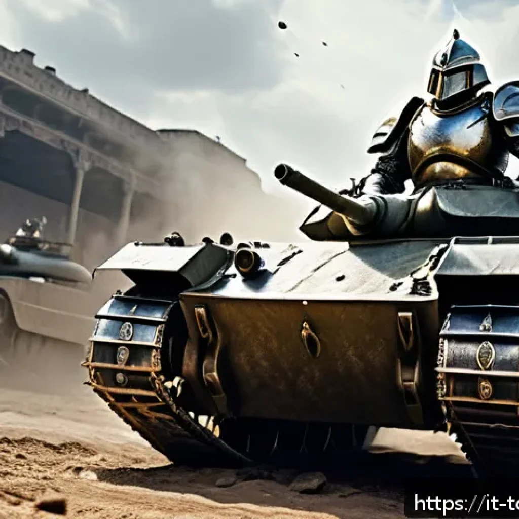top war 영웅 상성 조합 - A powerful tank hero standing firm at the front lines of a battlefield, clad in heavy, intricately d...