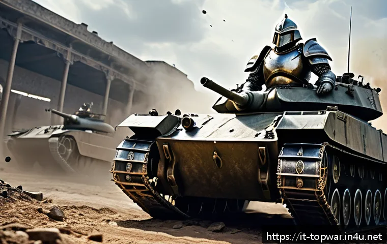 top war 영웅 상성 조합 - A powerful tank hero standing firm at the front lines of a battlefield, clad in heavy, intricately d...