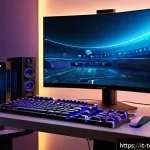 top war 접속 방법 - A detailed digital illustration of a modern gaming setup designed for playing Top War on a desktop P...