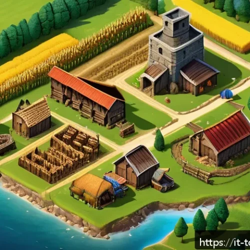top war 병영 업그레이드 - A detailed isometric view of a bustling medieval-style resource production base in a strategy game, ...