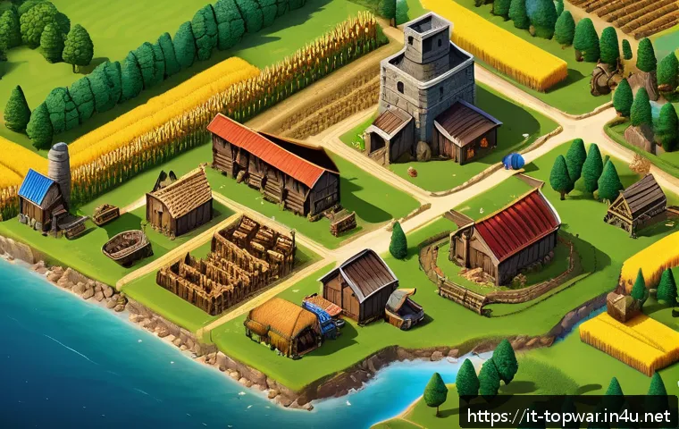 top war 병영 업그레이드 - A detailed isometric view of a bustling medieval-style resource production base in a strategy game, ...