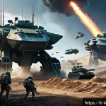 top war 명예 포인트 사용법 - A dynamic and detailed digital illustration of a futuristic battlefield featuring coordinated allian...