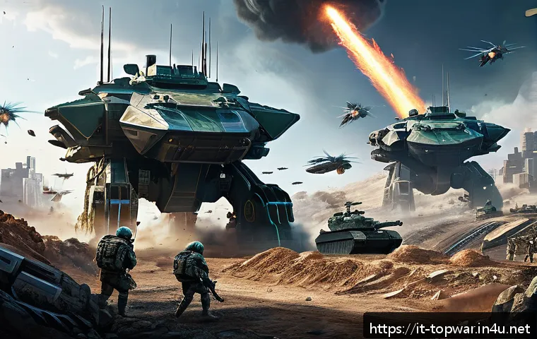 top war 명예 포인트 사용법 - A dynamic and detailed digital illustration of a futuristic battlefield featuring coordinated allian...
