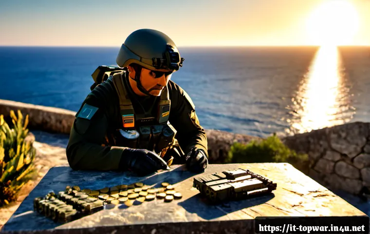 top war 공격력 상승 아이템 - Photorealistic cinematic battlefield command scene on the Italian Mediterranean coast, a modern armo...