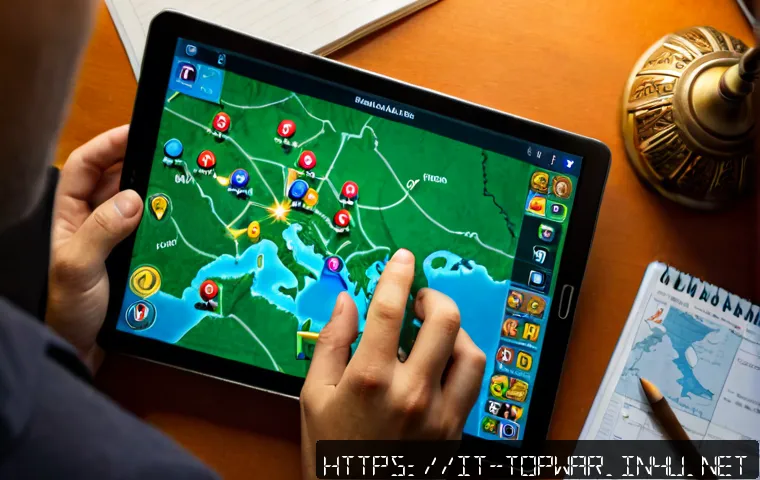 Home 17 top war 클랜전 플레이 팁 - Photorealistic overhead view of an Italian mobile strategy gamer planning a clan battle, hands holdi...